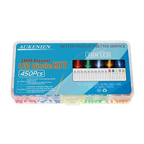 AUKENIEN Diodi LED 3MM 15 Colori 450 pezzi Diodo LED Kit Diode Elettronica Emissione Luce Rotondo Trasparente Rosso Blu Giallo Verde Bianco Caldo Arancione Rosa Viola Chartreuse