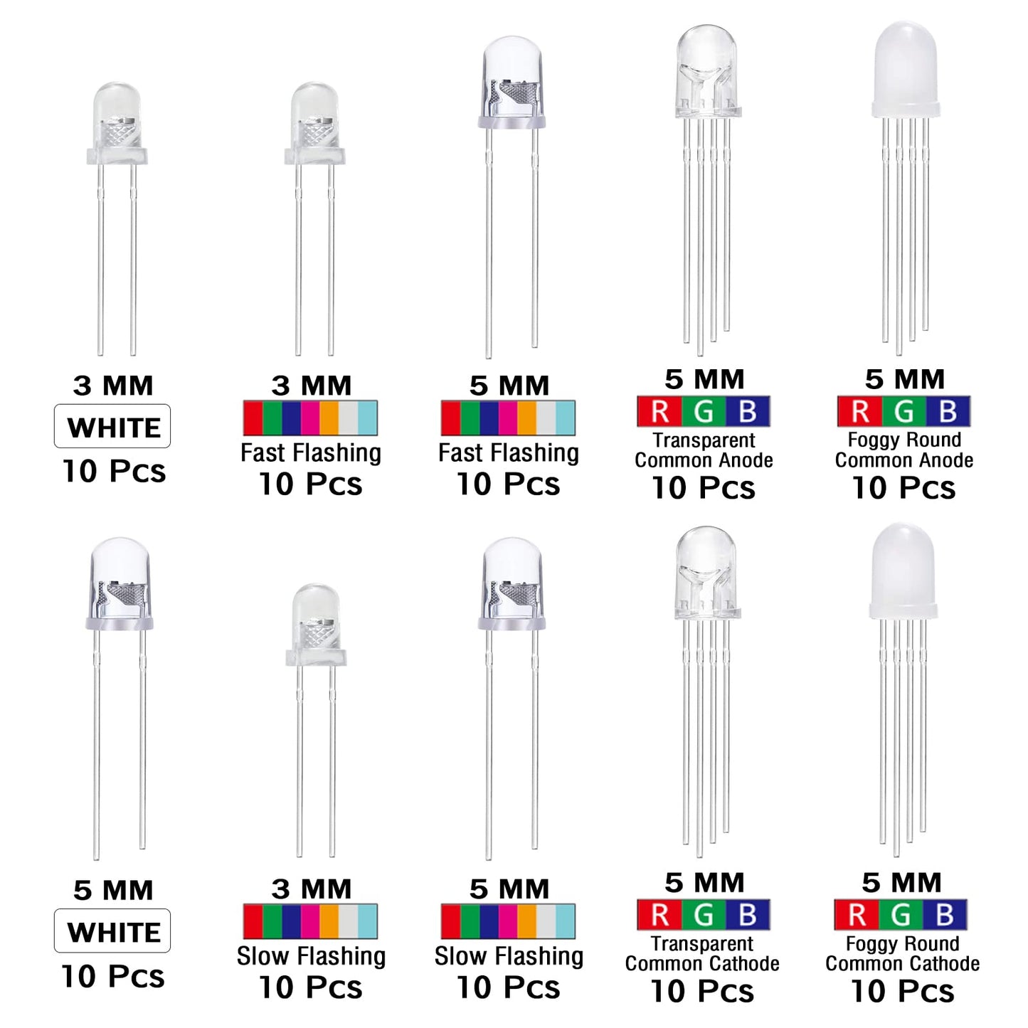 AUKENIEN Diodi LED 3MM 15 Colori 450 pezzi Diodo LED Kit Diode Elettronica Emissione Luce Rotondo Trasparente Rosso Blu Giallo Verde Bianco Caldo Arancione Rosa Viola Chartreuse