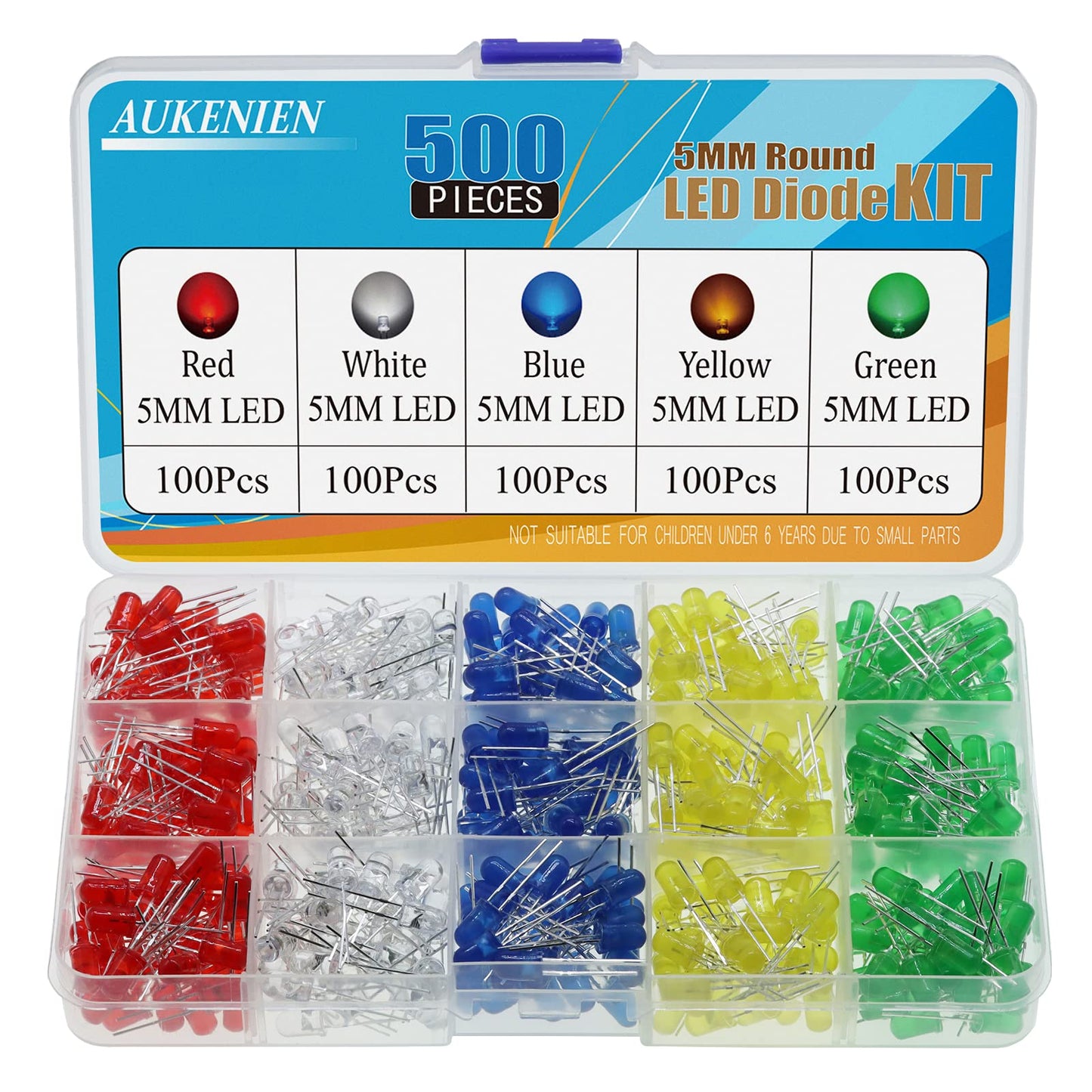 AUKENIEN Diodi LED 3MM 15 Colori 450 pezzi Diodo LED Kit Diode Elettronica Emissione Luce Rotondo Trasparente Rosso Blu Giallo Verde Bianco Caldo Arancione Rosa Viola Chartreuse