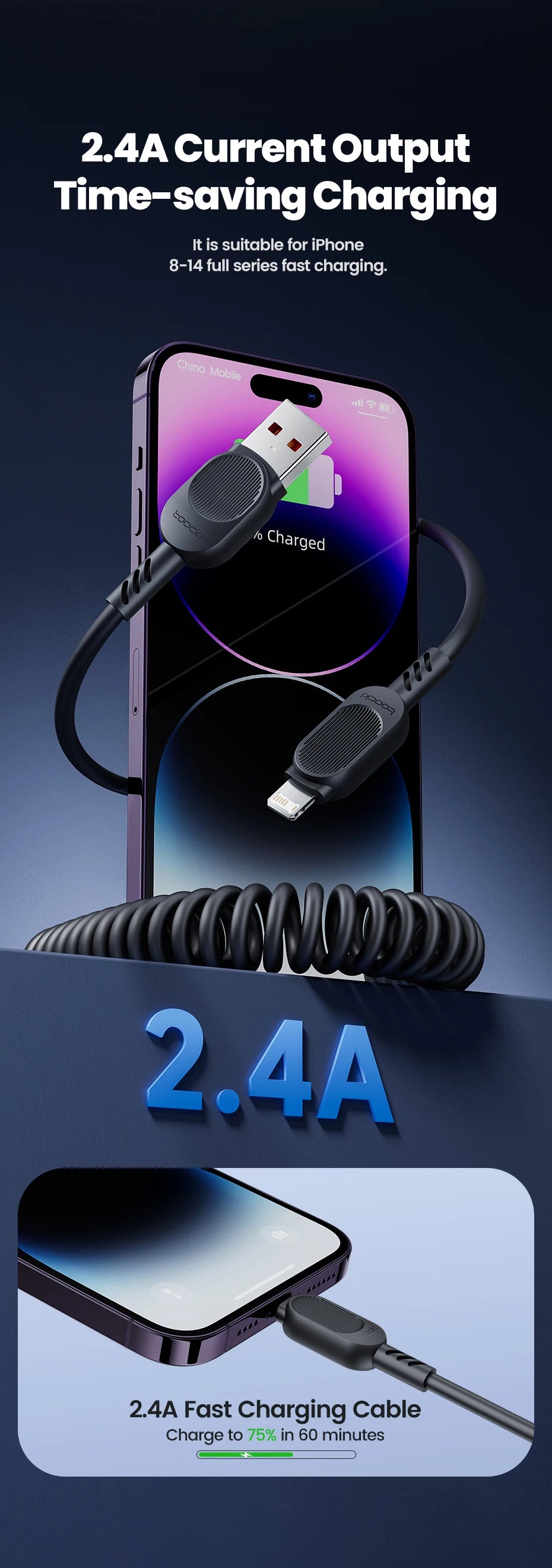Toocki USB C Lightning Cavo Primavera Retrattile Caricatore Del Telefono Per Auto Cavo di Ricarica Veloce per iPhone 14 13 12 11 Pro Max XR XS 8 7