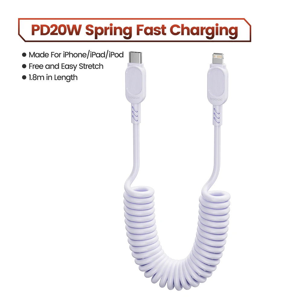 Toocki USB C Lightning Cavo Primavera Retrattile Caricatore Del Telefono Per Auto Cavo di Ricarica Veloce per iPhone 14 13 12 11 Pro Max XR XS 8 7