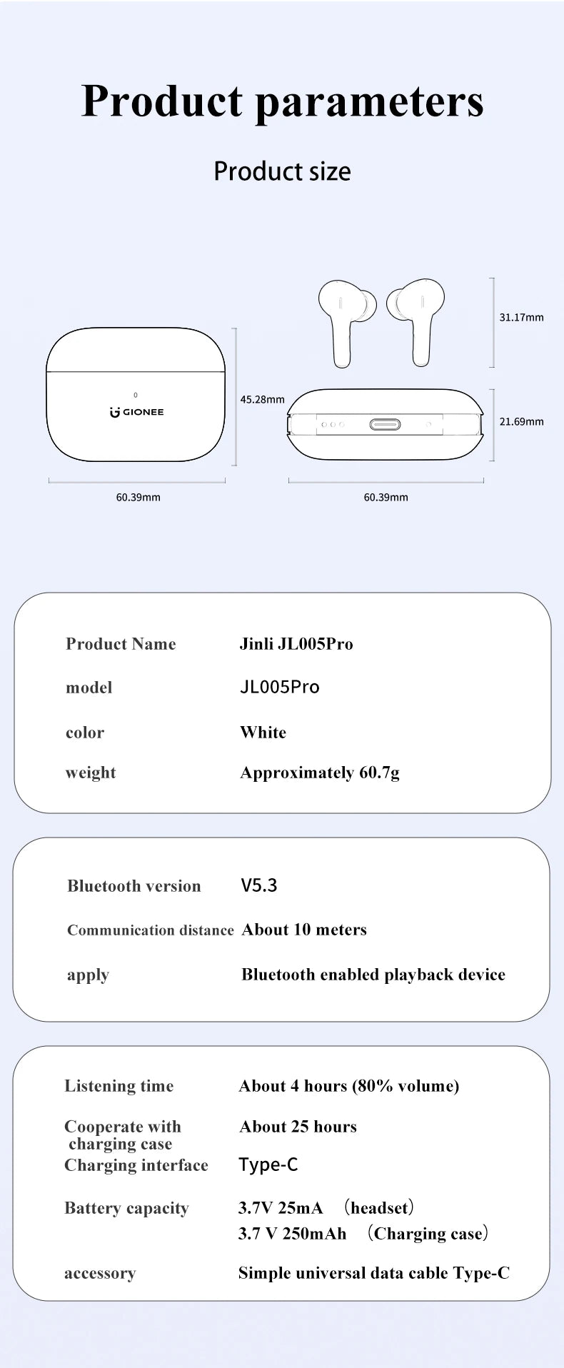 GIONEE JL005 Pro ANC auricolare Bluetooth 5.3 Hybrid -48dB cancellazione del rumore cuffie Wireless supporto auricolari Audio spaziali 3D