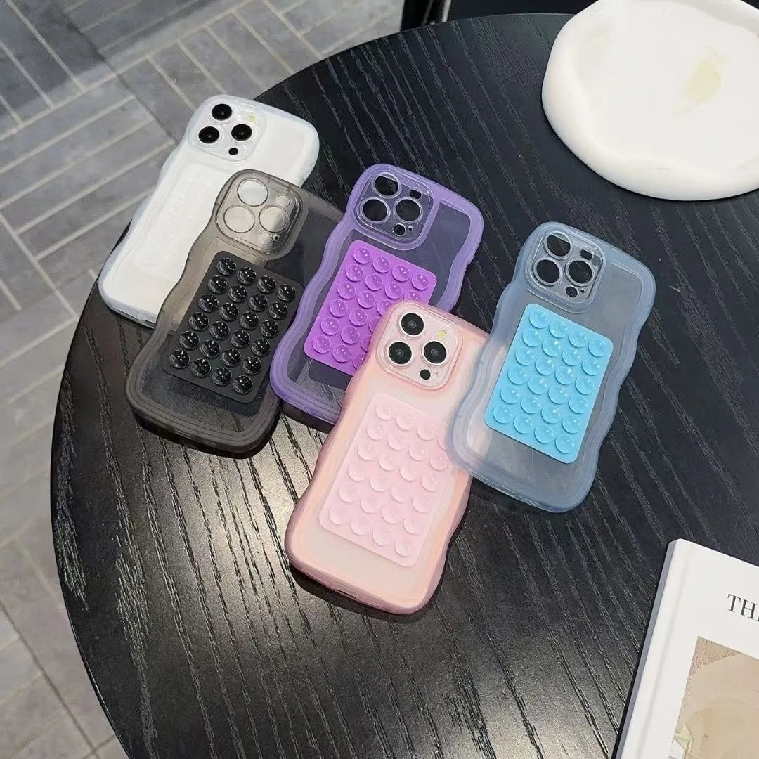 Custodia Trasparente con Supporto a Ventosa per iPhone 16 15 14 13 12 11 17 Pro Max, Bordo Ondulato, Antiurto, Cover Posteriore Morbida con Supporto Integrato