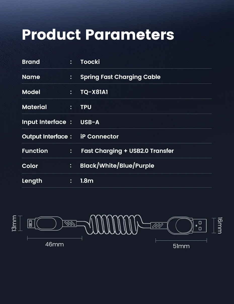 Toocki USB C Lightning Cavo Primavera Retrattile Caricatore Del Telefono Per Auto Cavo di Ricarica Veloce per iPhone 14 13 12 11 Pro Max XR XS 8 7