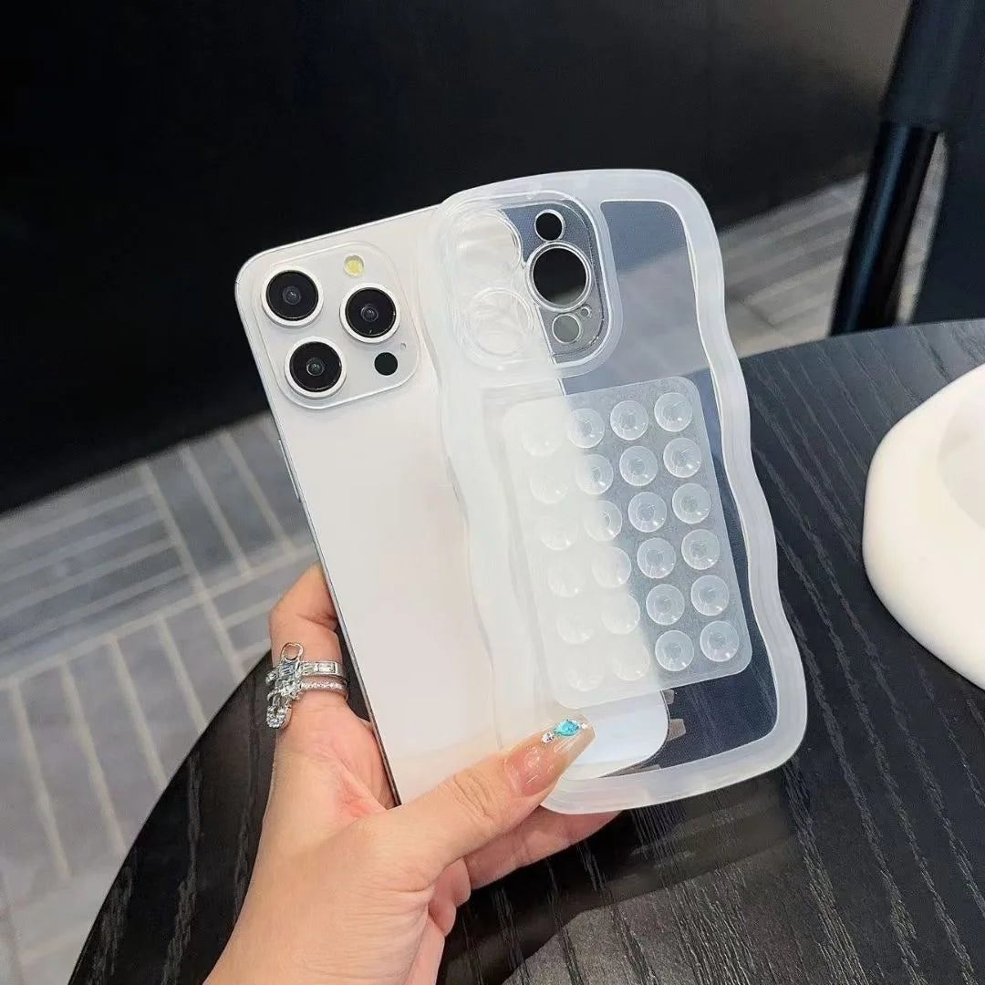 Custodia Trasparente con Supporto a Ventosa per iPhone 16 15 14 13 12 11 17 Pro Max, Bordo Ondulato, Antiurto, Cover Posteriore Morbida con Supporto Integrato