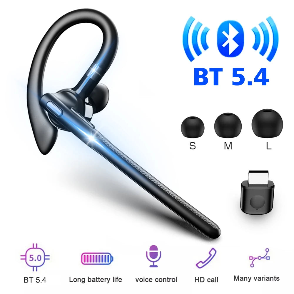 Auricolare wireless Bluetooth 5.4 con gancio per l'orecchio Cuffie da guida a orecchio singolo con auricolari vivavoce con cancellazione del rumore CVC8.0 a doppio microfono