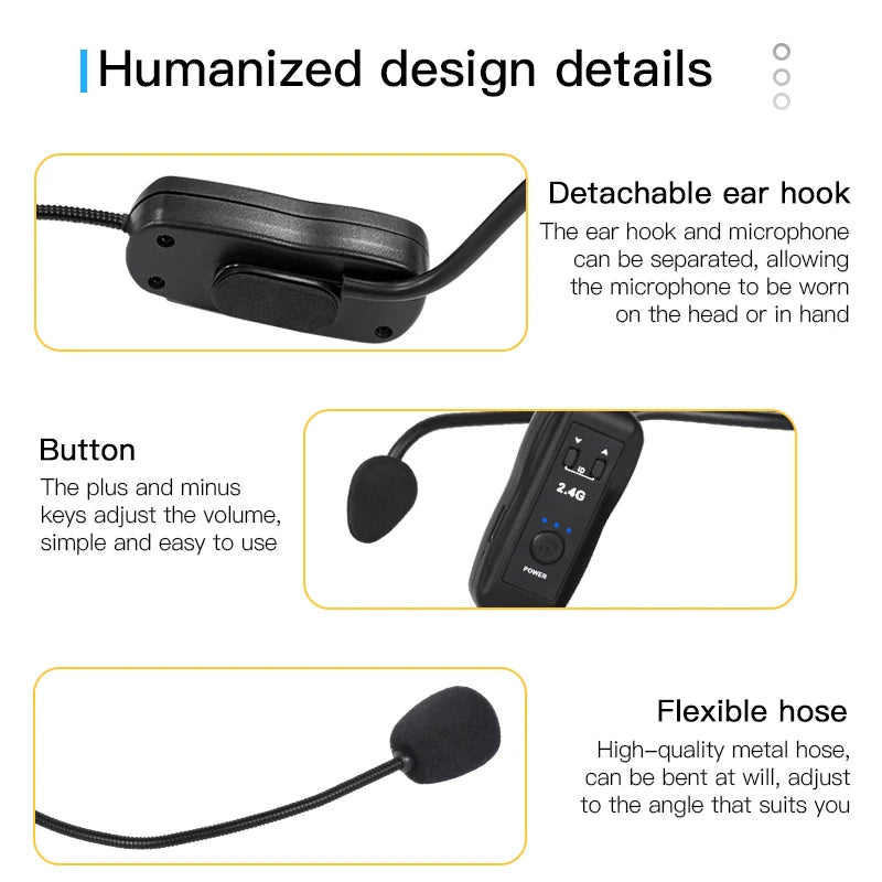 Trasmettitore set microfono lavalier wireless montato sulla testa 2.4G con ricevitore per amplificatore altoparlante vocale guida turistica didattica