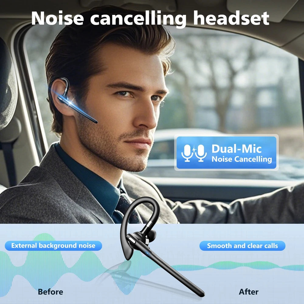 Auricolare wireless Bluetooth 5.4 con gancio per l'orecchio Cuffie da guida a orecchio singolo con auricolari vivavoce con cancellazione del rumore CVC8.0 a doppio microfono