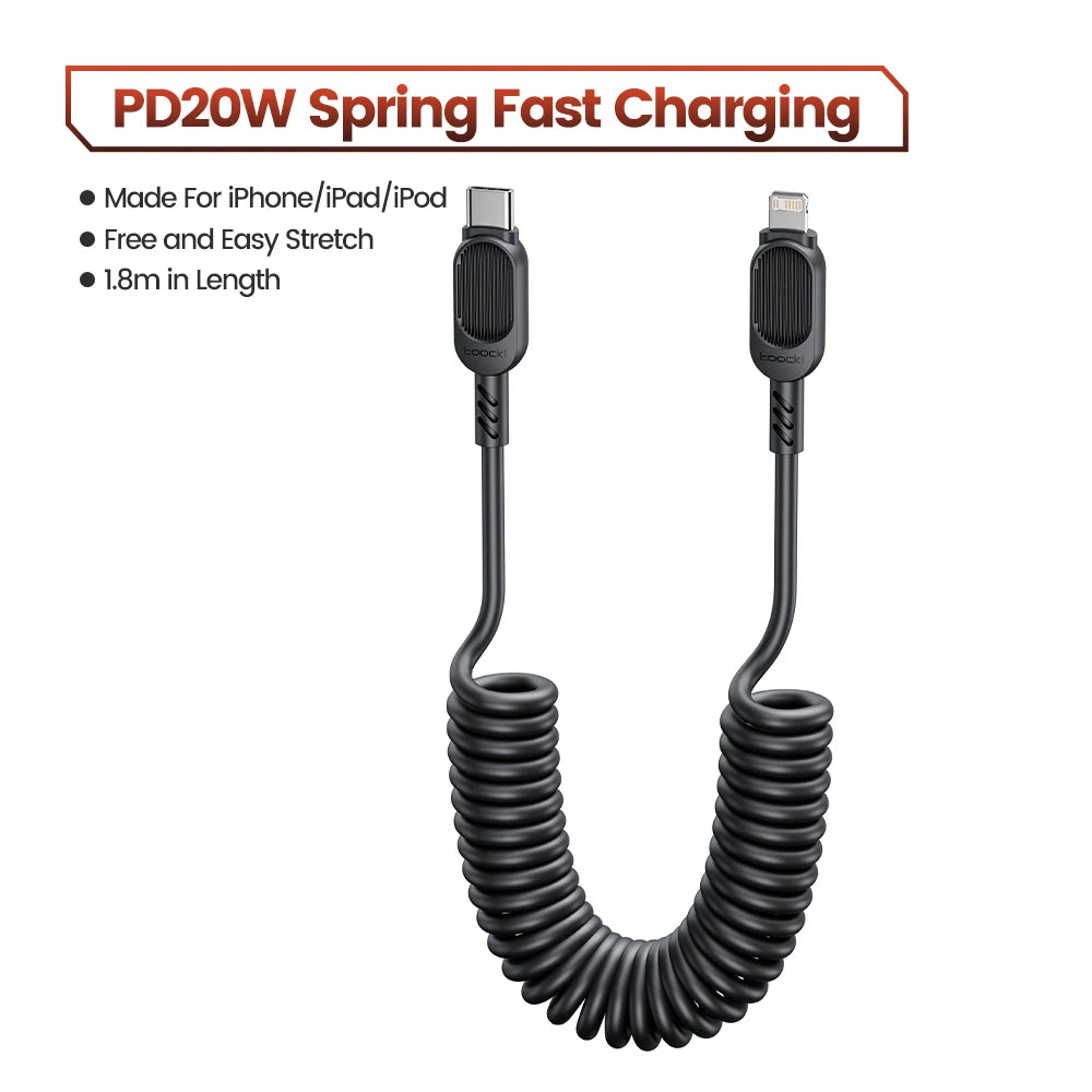 Toocki USB C Lightning Cavo Primavera Retrattile Caricatore Del Telefono Per Auto Cavo di Ricarica Veloce per iPhone 14 13 12 11 Pro Max XR XS 8 7