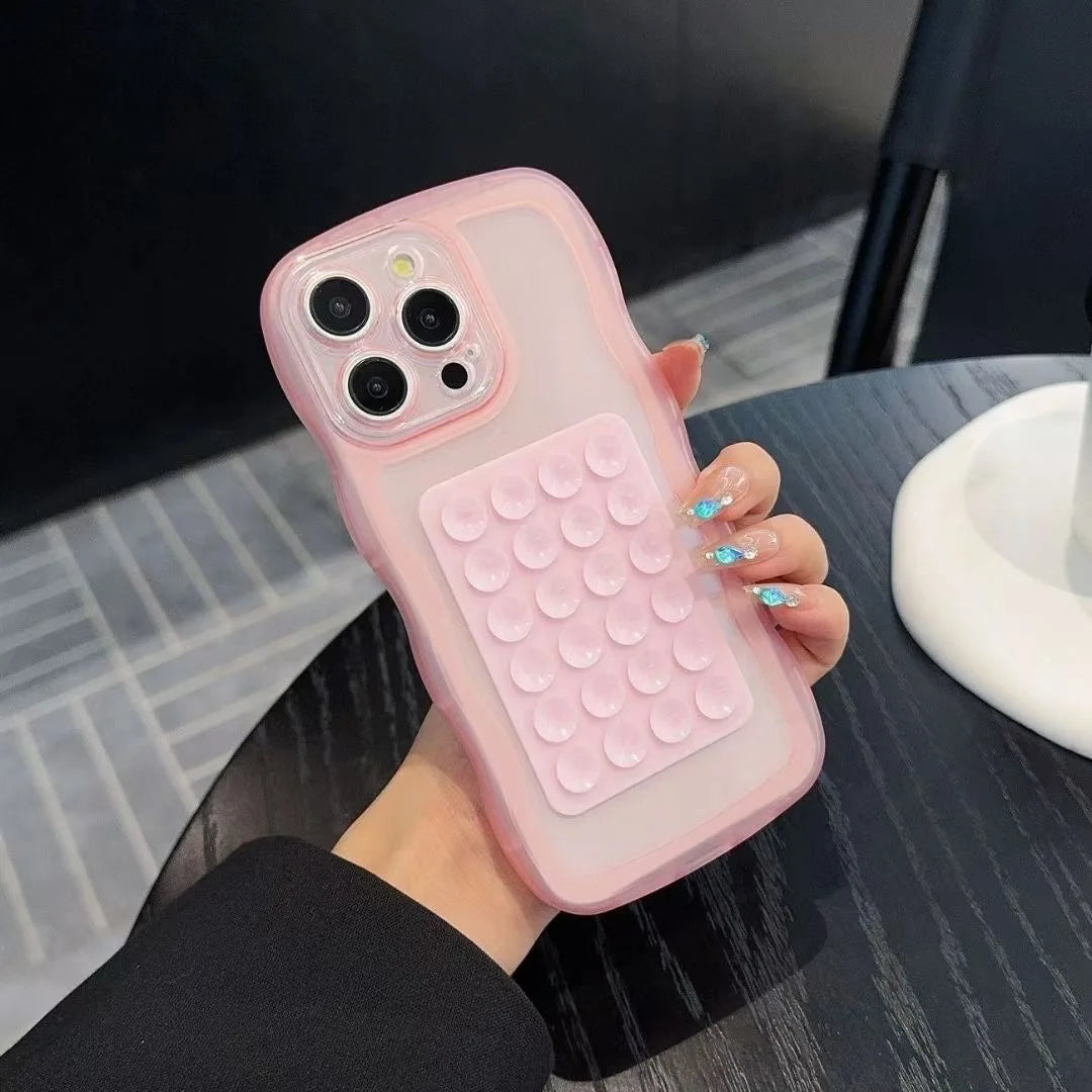Custodia Trasparente con Supporto a Ventosa per iPhone 16 15 14 13 12 11 17 Pro Max, Bordo Ondulato, Antiurto, Cover Posteriore Morbida con Supporto Integrato
