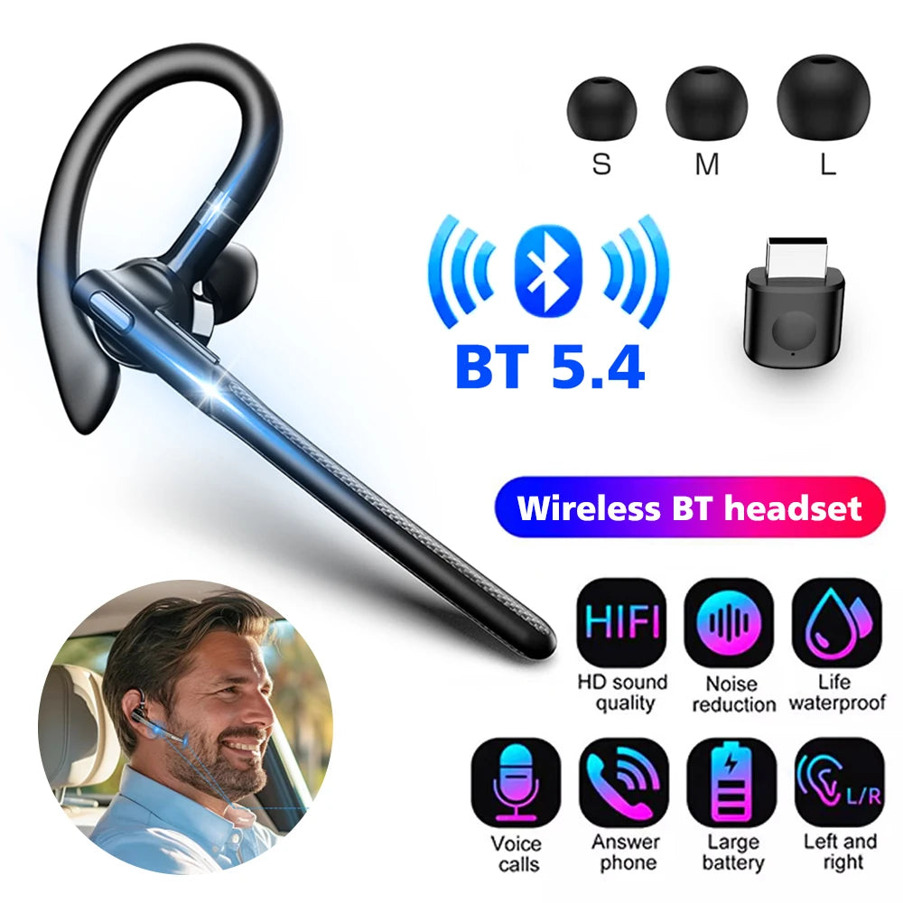 Auricolare wireless Bluetooth 5.4 con gancio per l'orecchio Cuffie da guida a orecchio singolo con auricolari vivavoce con cancellazione del rumore CVC8.0 a doppio microfono
