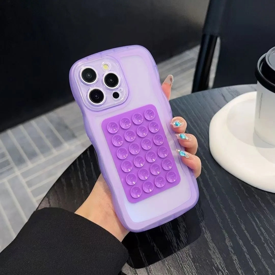 Custodia Trasparente con Supporto a Ventosa per iPhone 16 15 14 13 12 11 17 Pro Max, Bordo Ondulato, Antiurto, Cover Posteriore Morbida con Supporto Integrato