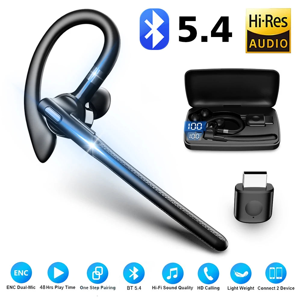Auricolare wireless Bluetooth 5.4 con gancio per l'orecchio Cuffie da guida a orecchio singolo con auricolari vivavoce con cancellazione del rumore CVC8.0 a doppio microfono